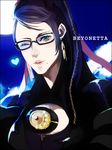  bayonetta bayonetta_(character) beauty_mark black_hair chains cleavage_cutout glasses green_eyes hair_bun long_hair mole moon night red_ribbon ribbon sawji_ishida wink 