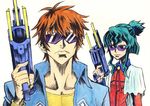  1girl arnold_schwarzenegger code_geass fingernails green_hair gun handgun ishioto kururugi_suzaku nina_einstein parody simple_background sunglasses terminator traditional_media weapon white_background 