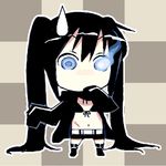  belt black_hair black_rock_shooter black_rock_shooter_(character) blue_eyes burning_eye chibi coat hijiri_rei long_hair shorts solo sweatdrop twintails 