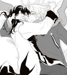  2boys axis_powers_hetalia bed black_hair china_(hetalia) embrace eye_contact hug laying looking_at_another lying lying_down male male_focus monochrome multiple_boys russia_(hetalia) scarf shounen_ai yaoi 