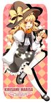  bad_id bad_pixiv_id blonde_hair bow hat highres kirisame_marisa kneehighs long_hair open_mouth roh_nam_kyung smile socks solo star touhou v witch_hat 