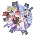  3girls blonde_hair blue_eyes bow closed_eyes double_lariat_(vocaloid) hakobako_player_(vocaloid) hatsune_miku headphones kagamine_len kagamine_rin long_hair megurine_luka multiple_girls necktie siblings skirt tsunono twintails vocaloid 