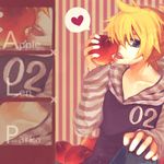  apple aqua_eyes blonde_hair casual food fruit hair_over_one_eye heart holding holding_food holding_fruit hood hoodie kagamine_len male_focus mukkun smile solo vocaloid 