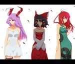  adapted_costume alice-san animal_ears bad_id bad_pixiv_id black_hair blue_eyes bow braid bunny_ears china_dress chinese_clothes detached_sleeves dress glowing glowing_eye hakurei_reimu hong_meiling lavender_hair long_hair multiple_girls red_eyes red_hair reisen_udongein_inaba short_hair thigh_strap touhou twin_braids 