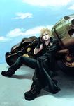  absurdres bad_id bad_pixiv_id blonde_hair blue_eyes boots cellphone cloud_strife fenrir_(vehicle) final_fantasy final_fantasy_vii final_fantasy_vii_advent_children gloves ground_vehicle highres jacket male_focus motor_vehicle motorcycle oni-wan phone signature sitting solo 
