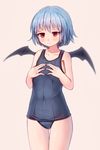  alternate_costume bad_id bad_tumblr_id bat_wings blue_hair blush covered_navel cowboy_shot fingers_together highres no_hat no_headwear old_school_swimsuit one-piece_swimsuit pink_background red_eyes remilia_scarlet school_swimsuit shone short_hair simple_background solo swimsuit touhou wings 