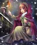  absurdres basket brown_hair building cape dress green_dress headdress highres hood open_mouth original purple_eyes red_cape shiawase_usagi shingoku_no_valhalla_gate snowing solo wand 