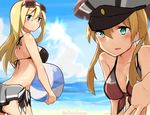  aqua_eyes ball beach beachball bikini bismarck_(kantai_collection) blonde_hair blue_eyes blue_sky blush breasts butt_crack cleavage cloud cloudy_sky collarbone day eyewear_on_head front-tie_top hat holding holding_ball kantai_collection long_hair medium_breasts multiple_girls ocean open_mouth outdoors outstretched_hand peaked_cap prinz_eugen_(kantai_collection) rimukoro sky smile sun sunglasses swimsuit twintails twitter_username water 