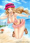  beach beach_chair beach_umbrella bikini blonde_hair blue_eyes blush bow bracelet breasts cleavage frilled_bikini frills hat hat_bow jewelry jumping large_breasts long_hair looking_at_viewer marker_(medium) nail_polish navel necklace one_eye_closed open_mouth pokemon pokemon_(anime) serena_(pokemon) solo swimsuit takecha traditional_media umbrella very_long_hair 