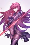  bodysuit breast_hold breasts cowboy_shot fate/grand_order fate_(series) gae_bolg gloves hair_intakes large_breasts long_hair looking_at_viewer mitsuki_hana polearm purple_bodysuit purple_eyes purple_gloves purple_hair red_eyes scathach_(fate)_(all) scathach_(fate/grand_order) skin_tight solo spear thighhighs weapon 