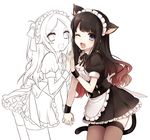  2girls apron black_hair blue_eyes cat_ears cat_tail hair_ribbon hand_holding ichinose_yukino isshoku_sokuhatsu_zen_girl_(vocaloid) jigokugata_ningen_doubutsuen_(vocaloid) long_hair maid multicolored_hair multiple_girls nekomimi nou_shou_sakuretsu_girl_(vocaloid) open_mouth ponytail ribbon simple_background smile tail thighhighs unfinished vocaloid wink 