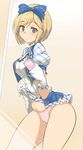  alternate_costume blonde_hair bow cellphone djeeta_(granblue_fantasy) dress gloves granblue_fantasy hair_bow iphone kimi_to_boku_no_mirai momio panties phone pink_panties self_shot short_hair skirt skirt_lift smartphone solo underwear 