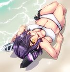  beach bikini breasts commentary_request eyepatch headgear highres kantai_collection large_breasts lying md5_mismatch nanashi_mushi navel on_back outdoors purple_hair short_hair smile solo swimsuit tenryuu_(kantai_collection) water wet white_bikini yellow_eyes 