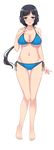  1girl akino_shin barefoot bikini black_hair blue_eyes blush breasts cleavage collarbone embarrassed erect_nipples feet full_body game_cg highres huge_breasts legs long_hair looking_away milf mound_of_venus navel oyako_ai_2 ponytail simple_background solo standing swimsuit thighs toes white_background 