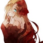  bare_shoulders blonde_hair blood blood_on_face bloody_clothes blue_eyes character_request dragon_nest dress evil_smile finger_to_mouth from_side grin knife long_hair looking_at_viewer red_dress shang_xiao_(slick321) smile solo white_background 