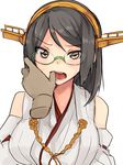  black_eyes black_hair finger_in_another's_mouth glasses hairband highres japanese_clothes kantai_collection kirishima_(kantai_collection) mouth_pull nontraditional_miko rn_(radon'ya) short_hair solo 