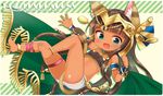  animal_ears aqua_eyes barefoot bastet_(p&amp;d) brown_hair cape cat_ears cat_tail fang hair_ornament leg_ribbon long_hair marshmallow_mille miniskirt open_mouth puzzle_&amp;_dragons ribbon skirt smile solo strapless tail thigh_strap tubetop very_long_hair 