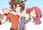  1girl ahoge bad_id bad_twitter_id belt choker closed_eyes dancing goggles goggles_on_head green_hair hiiragi_yuzu holding_hands jacket_on_shoulders jewelry karu31540 multicolored_hair orange_shirt pendant pink_hair red_hair sakaki_yuuya school_uniform shirt short_twintails sleeveless smile twintails two-tone_hair yuu-gi-ou yuu-gi-ou_arc-v 