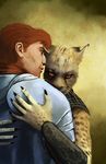  armor brown_sclera cheetah claws clothed clothing duo eyes_closed feline female fur hair hattonslayden holding hug human interspecies looking_at_viewer male male/female mammal red_hair spots whiskers yellow_fur 