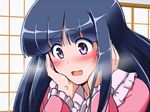  architecture bangs black_hair blunt_bangs blush close-up flustered hands_on_own_cheeks hands_on_own_face hime_cut houraisan_kaguya indoors kamelie long_hair looking_down open_mouth pink_eyes portrait shouji sliding_doors solo touhou 