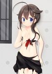  adapted_costume ahoge bikini black_hair blue_eyes braid commentary_request covering covering_one_breast hair_flaps hair_ornament kantai_collection long_hair navel nenosame remodel_(kantai_collection) sarong shigure_(kantai_collection) single_braid solo swimsuit thigh_gap wardrobe_malfunction 