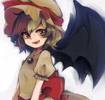  arm_garter bat_wings blue_hair brooch doryata dress fang hat hat_ribbon jewelry looking_away mob_cap open_mouth puffy_short_sleeves puffy_sleeves red_eyes red_ribbon remilia_scarlet ribbon short_hair short_sleeves silver_hair solo touhou white_background white_dress white_hat wings 
