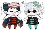  :d aori_(splatoon) aqua_legwear black_hair detached_collar domino_mask fangs food food_on_head gaiko_kujin gloves hotaru_(splatoon) long_hair mask mole mole_under_eye multiple_girls object_on_head open_mouth pantyhose pointy_ears red_legwear short_hair short_jumpsuit silver_hair simple_background smile splatoon_(series) splatoon_1 sushi tentacle_hair white_background white_gloves 