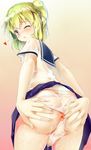  anus ass blue_eyes blush bulge green_hair highres male_focus nipples one_eye_closed original otoko_no_ko panties panties_aside school_uniform see-through serafuku shuffle_(songdatiankong) side_ponytail skirt skirt_lift solo spread_ass underwear 