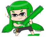  bike_shorts black_eyes chibi clothes_writing domino_mask gaiko_kujin green_hair green_shirt inkling long_hair mask paint paint_roller shirt short_sleeves simple_background solo sparkle splatoon_(series) splatoon_1 white_background 