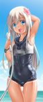  :d arm_up armpits blue_eyes blush breasts byeontae_jagga covered_navel highres kantai_collection long_hair looking_at_viewer old_school_swimsuit one-piece_swimsuit open_mouth revision ro-500_(kantai_collection) school_swimsuit shiny shiny_clothes silver_hair skindentation small_breasts smile solo swimsuit 