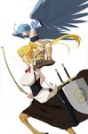  ahoge animal_ears arrow blonde_hair blue_eyes blue_hair blue_wings bow_(weapon) breasts centaur centorea_shianus commentary_request elbow_gloves falconry feathered_wings feathers gloves harpy horse_ears large_breasts long_hair monster_girl monster_musume_no_iru_nichijou mr._metabo multiple_girls navel papi_(monster_musume) ponytail quiver sheath sheathed shield short_shorts shorts simple_background single_elbow_glove small_breasts sword talons weapon white_background wings yellow_eyes 