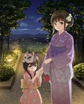  bad_id bad_pixiv_id banned_artist blush bow braid brown_eyes brown_hair flower hair_bow hair_flower hair_ornament japanese_clothes kimono looking_at_viewer mask mask_on_head minagiku multiple_girls obi original sash short_hair smile tree twin_braids yukata 