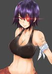  alternate_costume armband bare_shoulders black_background breasts cleavage collarbone eyepatch glowing highres kantai_collection large_breasts looking_at_viewer midriff navel norman_maggot purple_hair short_hair smile solo sports_bra stomach tattoo tenryuu_(kantai_collection) yellow_eyes 