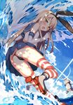  :3 black_skirt blonde_hair blue_skirt blush elbow_gloves gloves hairband highres kantai_collection kantoku_(style) kawai long_hair looking_at_viewer open_mouth rensouhou-chan shimakaze_(kantai_collection) skirt striped striped_legwear thighhighs waves white_gloves yellow_eyes 