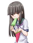  ame. bangs blunt_bangs brown_eyes brown_hair commentary_request food hatsuyuki_(kantai_collection) kantai_collection long_hair popsicle school_uniform serafuku short_sleeves simple_background solo white_background 