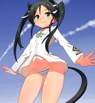  :3 animal_ears aqua_eyes black_hair blue_sky blush bow cat_ears cat_tail choker condensation_trail dakunesu day fang francesca_lucchini green_bow hair_ribbon highres long_hair long_sleeves military military_uniform navel panties ribbon sky solo strike_witches striped striped_panties tail twintails underwear uniform white_ribbon world_witches_series 