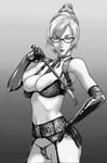  1girl breasts garter_straps glasses hair_bun hiramoto_akira kangoku_gakuen large_breasts lingerie monochrome prison_school shiraki_meiko skindentation underwear whip 
