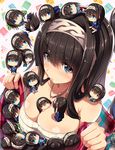  bangs bare_shoulders between_breasts black_hair blue_eyes breasts chibi hairband highres idolmaster idolmaster_cinderella_girls jewelry large_breasts long_hair minigirl multiple_girls necklace nohito person_between_breasts ribbed_sweater sagisawa_fumika sweater upper_body 