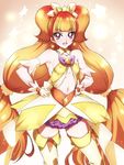  absurdres amanogawa_kirara cure_twinkle earrings gloves go!_princess_precure highres jewelry long_hair looking_at_viewer magical_girl navel niko_(tama) open_mouth orange_hair precure purple_eyes smile solo star star_earrings twintails 