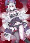  afloat breasts character_request corset demon_horns fishnet_legwear fishnets garter_straps ginko_(nico) horns long_hair lord_of_vermilion medium_breasts mole mole_under_eye red_eyes silver_hair single_thighhigh solo thighhighs 