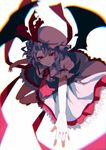  ascot bat_wings blue_hair bow chiruru96 chromatic_aberration hat hat_bow looking_at_viewer mob_cap outstretched_arm puffy_sleeves red_eyes remilia_scarlet ribbon shirt short_hair short_sleeves simple_background skirt skirt_set smile solo touhou white_background wings 