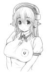  blush breasts greyscale headphones large_breasts long_hair looking_at_viewer monochrome nitroplus simple_background smile solo super_sonico tsuji_santa upper_body 