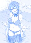  :d bed bikini bikini_under_clothes blue bow bowtie breasts character_request cleavage commentary_request getsuyoubi_no_tawawa hair_between_eyes himura_kiseki indoors kneeling large_breasts looking_at_viewer monochrome navel off_shoulder on_bed open_clothes open_mouth open_shirt pillow pleated_skirt print_bikini shirt_pull short_hair skirt skirt_pull smile socks solo swimsuit swimsuit_under_clothes underboob undressing 