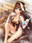  bottle breasts brown_eyes brown_hair cleavage garam_(meronanorem) hair_ribbon hairband large_breasts legs lips long_hair original ribbon smile solo steam swimsuit tenka_touitsu_chronicle towel water_bottle wet 