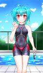  bad_anatomy blue_hair blue_sky blush cloud competition_swimsuit cyborg day fence goggles goggles_removed hair_ribbon highres hill one-piece_swimsuit original pool quality red_eyes ribbon sky smile solo swimsuit takahiiro twintails unitard 