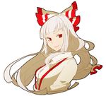  &gt;:) bangs blunt_bangs crashtv fujiwara_no_mokou hair_ribbon long_hair red_eyes ribbon smile solo suspenders touhou upper_body v-shaped_eyebrows white_background white_hair 