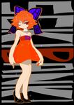  alternate_costume bandaged_neck bandages bare_shoulders black_background black_footwear bow character_name commentary_request dress full_body high_heels highres legs one_eye_closed red_dress red_eyes red_hair sekibanki shoes short_dress short_hair simple_background solo sparkle touhou yt_(wai-tei) 