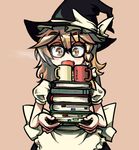  awa_(bihidasu) bespectacled black-framed_eyewear blonde_hair book book_stack bookmark condensation_trail cup eyebrows eyelashes fang glasses hat holding holding_book kirisame_marisa long_hair looking_at_viewer messy_hair mug open_mouth puffy_sleeves sepia_background short_sleeves simple_background solo thick_eyebrows touhou upper_body witch_hat yellow_eyes 