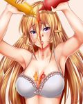  arm arms_up blonde_hair bow bow_bra bra breasts cleavage dated frilled_bra frills highres ketchup large_breasts long_hair looking_at_viewer mustard nakiri_erina purple_eyes sexually_suggestive shokugeki_no_souma solo tongue tongue_out tony_guisado underwear white_bra 