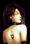  1girl aura bare_back black_background black_hair cinder_fall dress earrings gloves hair_over_one_eye lipstick looking_at_viewer orange_eyes rwby simple_background smirk solo tattoo 